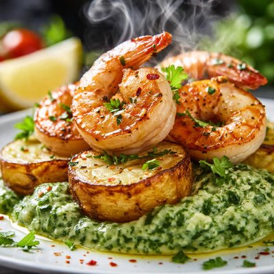 Image of Grilled Potatoes Shrimp with Spinach Mousse Rsc