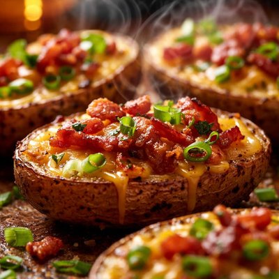 Image of Grilled Potatoes with Bacon Cheese and Green Onions