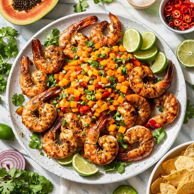 Image of Grilled Prawns Shrimp with Papaya Salsa