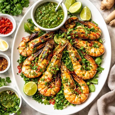 Image of Grilled Prawns with Cilantro and Ginger Sauce