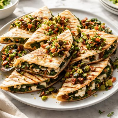 Image of Grilled Quesadillas with Feta Spinach and Olive Lemon Relish