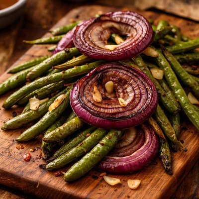 Image of Grilled Red Onions and Green Beans