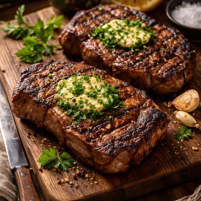 Image of Grilled Rib Eye Steaks with Parsley Garlic Butter