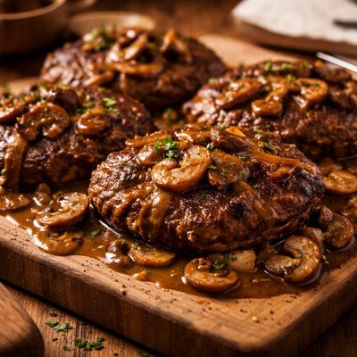 Image of Grilled Salisbury Steaks in Savory Mushroom Gravy