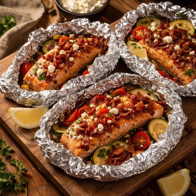 Image of Grilled Salmon Bacon Feta Packets