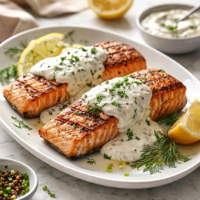 Image of Grilled Salmon Fillets with Creamy Horseradish Sauce