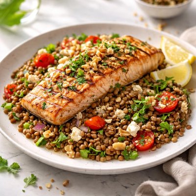 Image of Grilled Salmon Over Lentil Salad with Walnut Vinaigrette