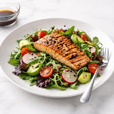 Image of Grilled Salmon Salad with Vegetable and Balsamic Dressing