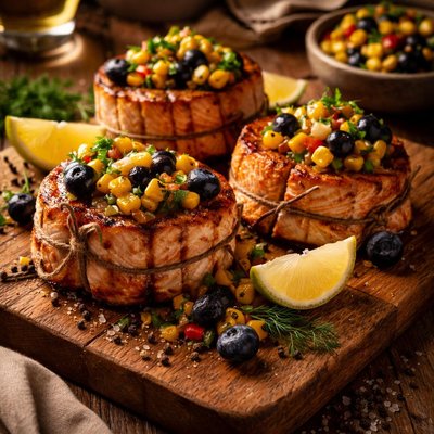 Image of Grilled Salmon Tournedos with Fennel Corn and Blueberry Salsa