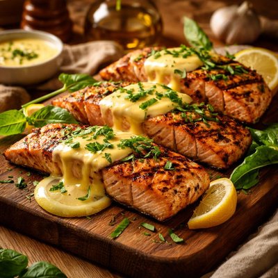 Image of Grilled Salmon with Basil and Hollandaise Sauce
