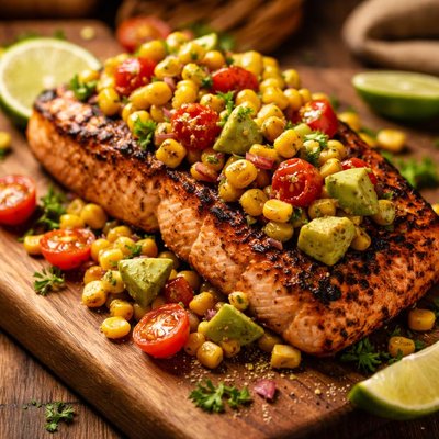 Image of Grilled Salmon with Corn Tomato and Avocado Relish