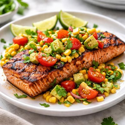 Image of Grilled Salmon with Corn Tomato Avocado Relish