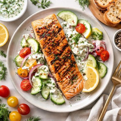Image of Grilled Salmon with Cucumber Yogurt Salad