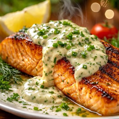Image of Grilled Salmon with Herb Cheese Sauce