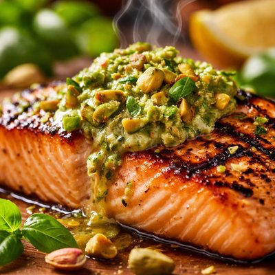 Image of Grilled Salmon with Pistachio Basil Butter