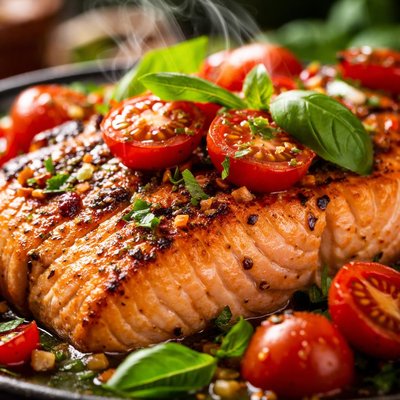 Image of Grilled Salmon with Tomatoes and Basil Recipe