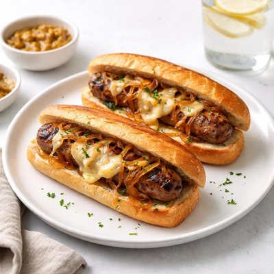 Image of Grilled Sausage Sandwiches with Caramelized Onions and Gruyere C