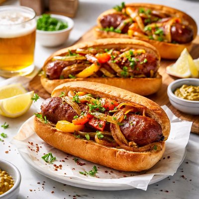 Image of Grilled Sausages Onions and Peppers on Rolls