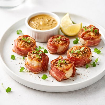 Image of Grilled Scallops W Prosciutto Honey Mustard Dipping Sauce