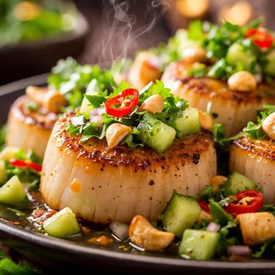 Image of Grilled Scallops with Cashew Cucumber Relish