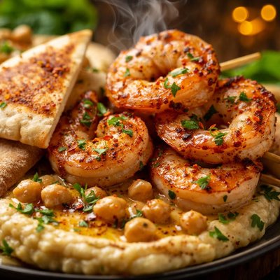 Image of Grilled Shrimp and Pitas with Chickpea Puree