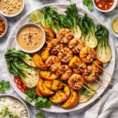 Image of Grilled Shrimp Satay with Peaches and Bok Choy