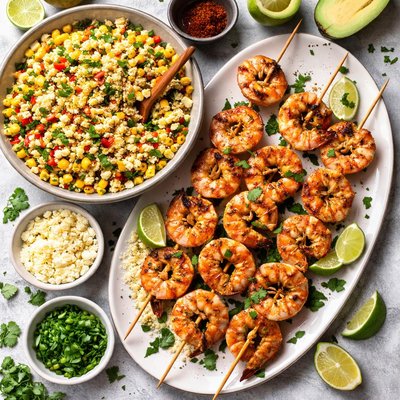 Image of Grilled Shrimp Skewers with Mexican Corn Elotes Salad Rsc