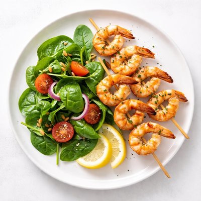 Image of Grilled Shrimp Skewers with Spinach Salad