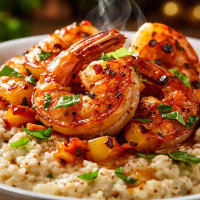 Image of Grilled Shrimp with Peach Ginger Glaze and Cinnamon Basil Grits