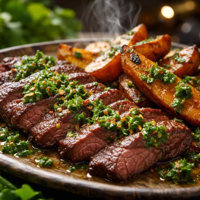 Image of Grilled Skirt Steak and Sweet Potatoes with Herb Sauce