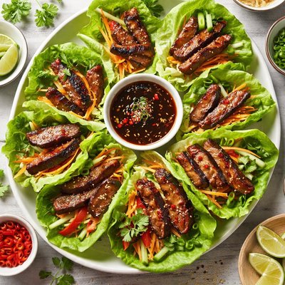 Image of Grilled Skirt Steak in Lettuce Leaves Soy Ginger Dipping Sau