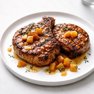 Image of Grilled Spice Rubbed Pork Chops with Peach Glaze