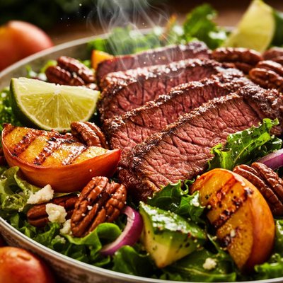 Image of Grilled Steak Salad with Texas Peaches Pecans and Limes