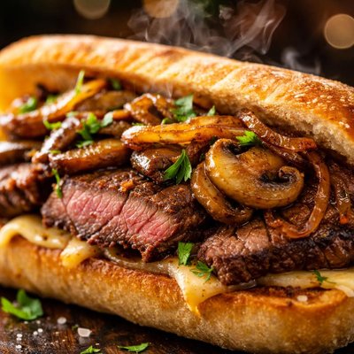 Image of Grilled Steak Sandwich with Mushrooms and Caramelized Onions