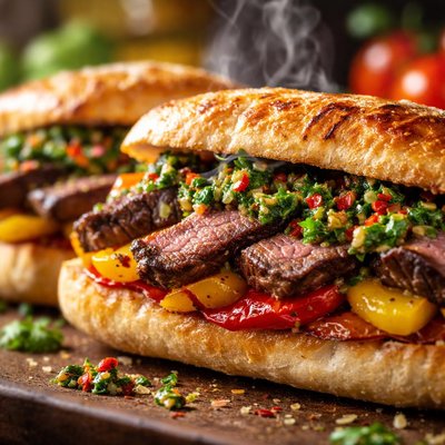 Image of Grilled Steak Sandwiches with Chimichurri and Bell Peppers