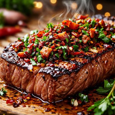 Image of Grilled Strip Loin Steak with Bacon Chimichurri