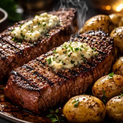 Image of Grilled Strip Steaks and Potatoes with Blue Cheese Butter