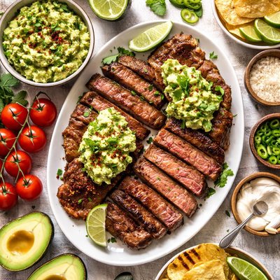 Image of Grilled Strip Steaks with Horseradish Guacamole