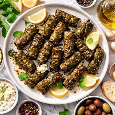 Image of Grilled Stuffed Grape Leaves with Goat Cheese and Black Pepper