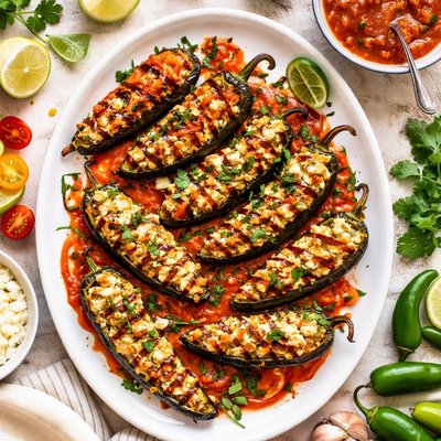 Image of Grilled Stuffed Jalapenos with Grilled Red Pepper Tomato Sauce