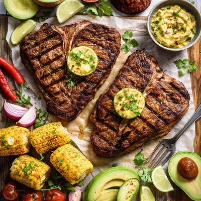 Image of Grilled T Bone Steaks with Chipotle and Cilantro Butter