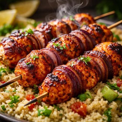 Image of Grilled Tandoori Chicken and Red Onion Skewers with Couscous