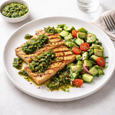 Image of Grilled Tofu with Chimichurri Sauce and Avocado Cucumber Salad