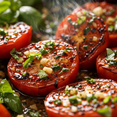 Image of Grilled Tomatoes Marinated in Basil Vinaigrette
