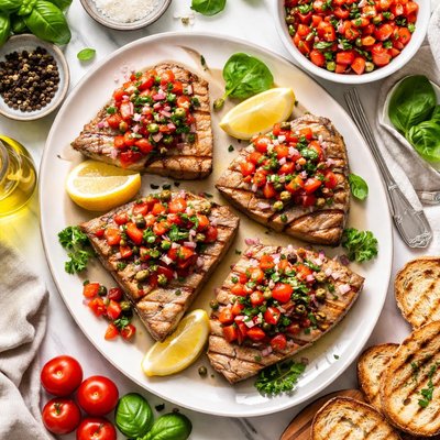 Image of Grilled Tuna Steaks with Tomato and Herb Topping