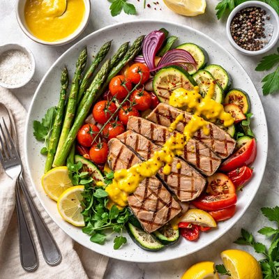 Image of Grilled Tuna Vegetables W Yellow Pepper Sauce
