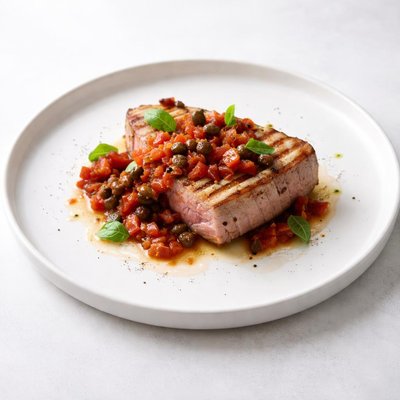 Image of Grilled Tuna with Capers and Tomato Sauce