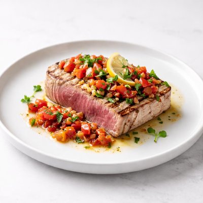 Image of Grilled Tuna with Herbed Tomato Garlic and Lemon Sauce