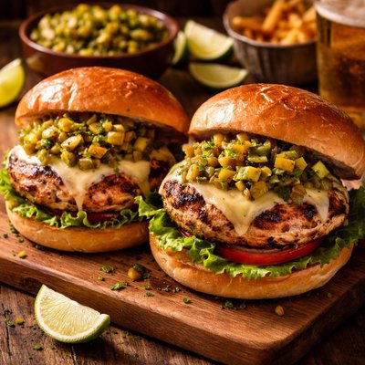 Image of Grilled Turkey Burgers Wtih Monterey Jack Poblano Pickle Relish