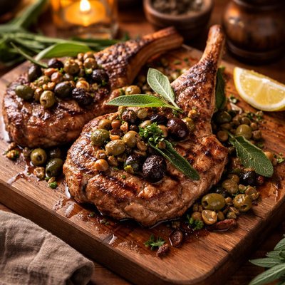 Image of Grilled Veal Chops with Olives Capers and Sage